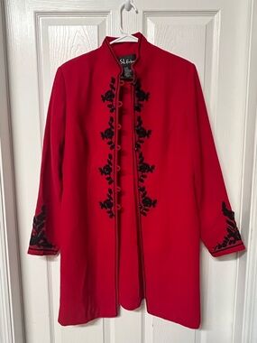 SL Fashions women long sleeves open infront red jacket size 12 knee length